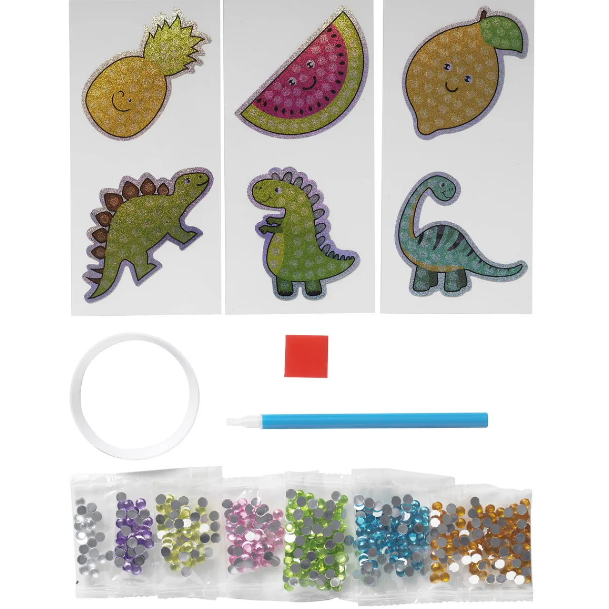 Barn Panduro Hobby Bling Dot Stickers – 6 gnistrande klistermärken med dinosaurer och frukter!
