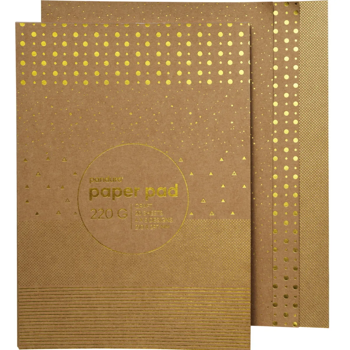 Panduro Hobby Block med designark A4, kraftpapper med detaljer i guldmetallic, 20 ark, 220 g/m²
