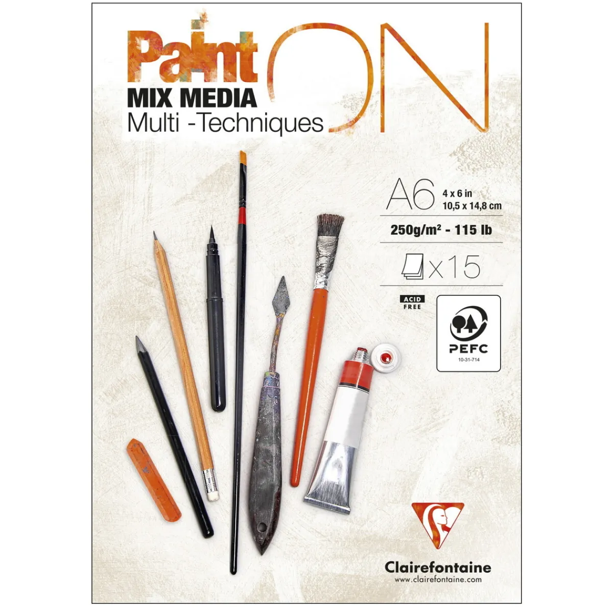 Clairefontaine Paint ON Multi Techniques block A6 (105×148 mm), 15 vita ark, 250 g/m² | Block