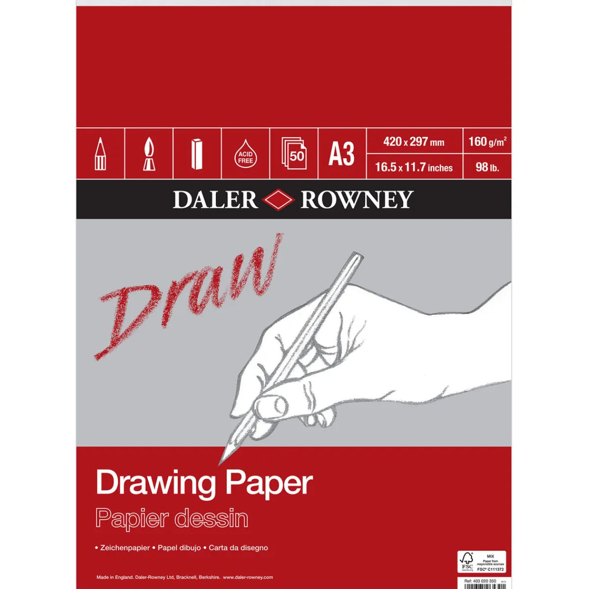 Daler-Rowney Drawing Paper ritblock A3 (297×420 mm), 50 ark, 160 g/m² | Block
