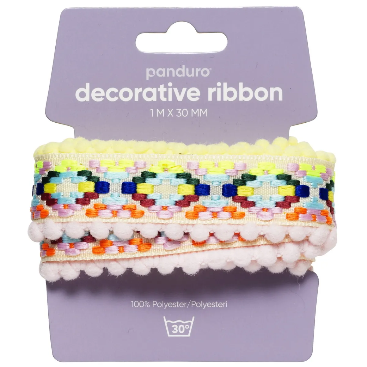 Panduro Hobby Dekorband med rosa & gula pompoms 1 m långt, 30 mm brett