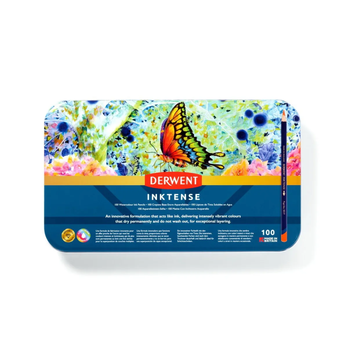 Derwent Inktense 100 akvarellpennor i metallask | Akvarell- & Vattenfärgspennor