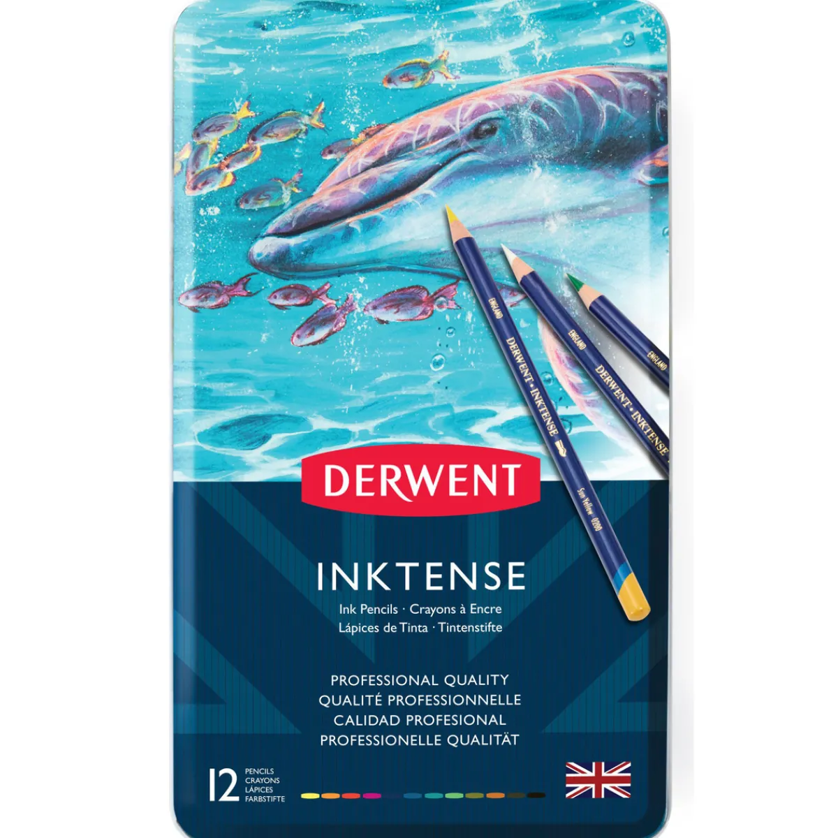 Derwent Inktense 12 akvarellpennor i metallask | Akvarell- & Vattenfärgspennor
