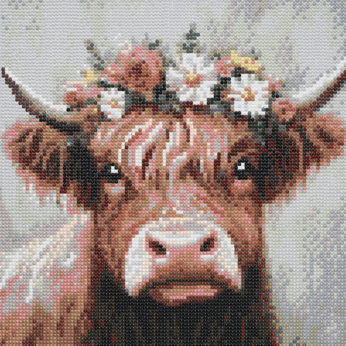 Panduro Hobby Diamond Painting ko med blomsterkrans! 30×30 cm väv + pärlor, silikon & pincett | Diamond Painting