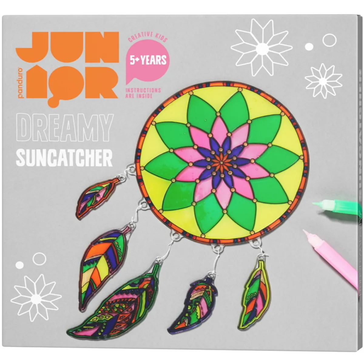 Creative Colors DIY-kit Solfångare & drömfångare – Ø20 cm + 5 fjädrar och 8 pennor med fönsterfärg | Barn Fönsterfärg
