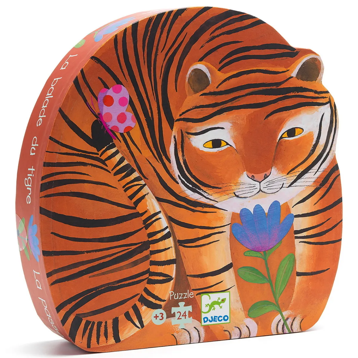 Barn Djeco pussel Tigers Walk, barnpussel med tigermotiv och tiger-ask! 24 stora bitar, 42×30 cm
