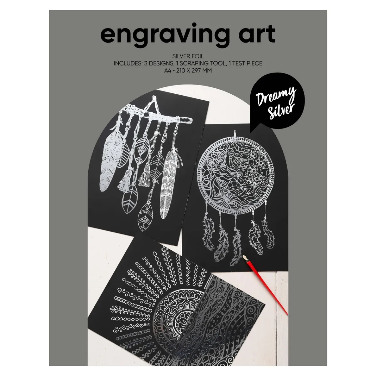 Panduro Hobby Engraving art Dreamy Silver – scratch art med 3 st. A4-ark, silvriga & drömska motiv