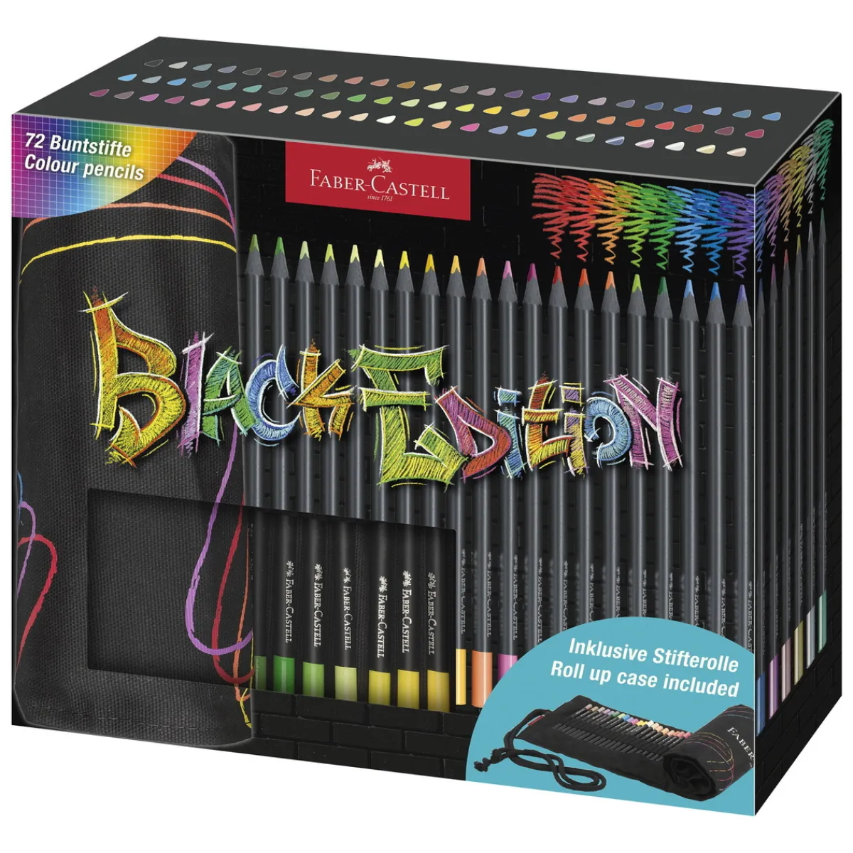 Faber-Castell Black Edition vaxbaserade färgpennor 72-pack + hoprullbart pennfodral | Färgpennor