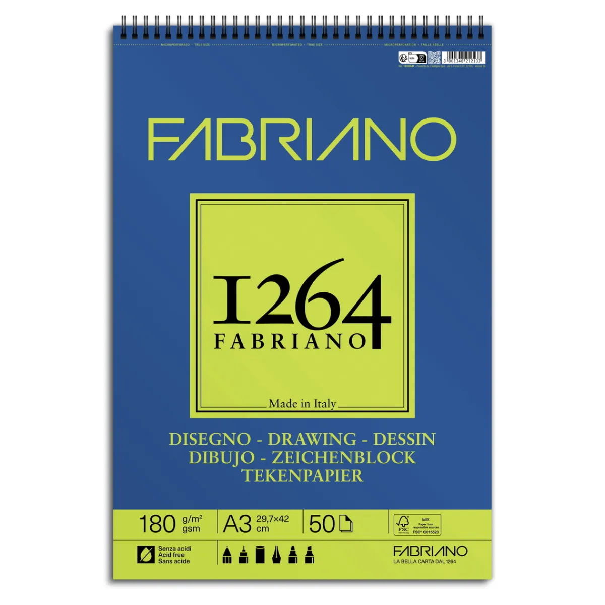 Fabriano ritblock, spiralbundet, F-1264 A3 (297×420 mm), 50 ark, 180 g/m²