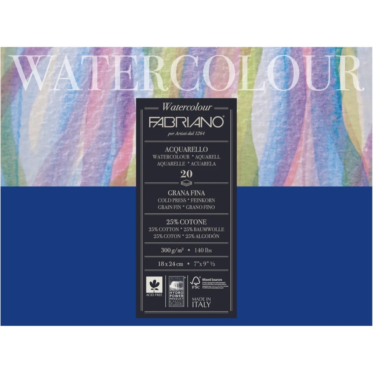 Fabriano Watercolour akvarellblock GF 18×24 cm, 20 ark, 300 g/m² | Akvarellblock