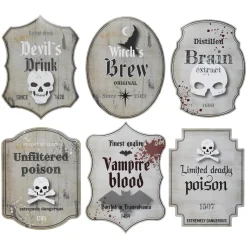 Panduro Design Flasketiketter till halloween, 6 st. motbjudande teman. Storlek 10×10–13 cm