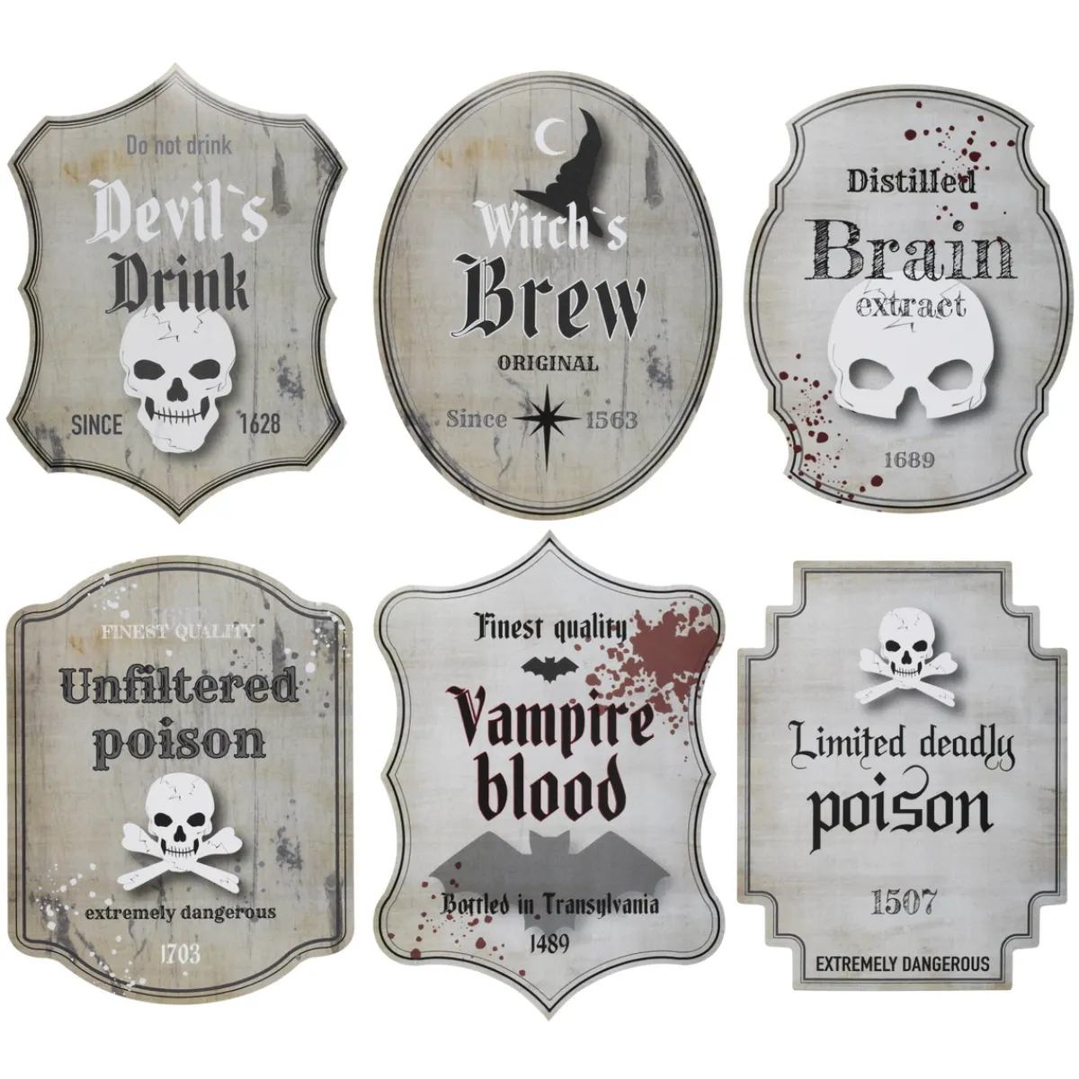 Panduro Design Flasketiketter till halloween, 6 st. motbjudande teman. Storlek 10×10–13 cm