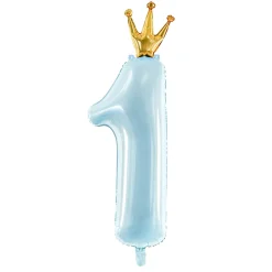 Barn PartyDeco Folieballong 100 cm hög, siffran 1 blå med guldkrona – perfekt till 1-årskalaset!