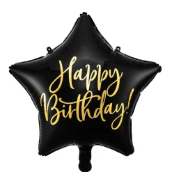 Barn PartyDeco Folieballong Ø45 cm – svart stjärna med texten Happy birthday
