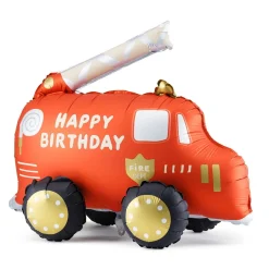 Barn PartyDeco Folieballong stående brandbil, 67×53 cm – med texten "happy birthday"
