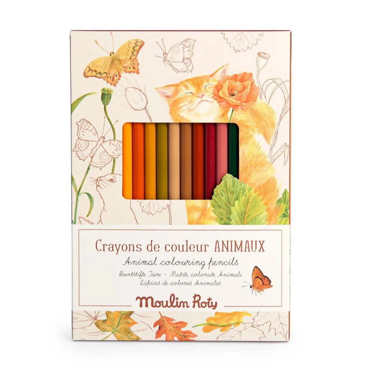 Barn Moulin Roty Färgpennor 12-pack med djurtema + 3 färgläggningskort