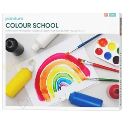 Barn Panduro Hobby Färgskolan Kit – 5×250 ml hobbyfärg för barn, penslar, akvarellblock och guide