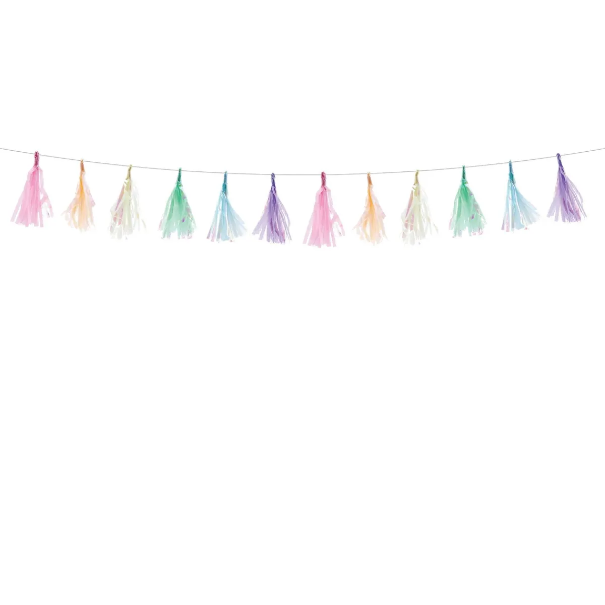 Barn PartyDeco Girlang med iriserande tofsar, 12 cm långa färgskiftande tofsar på 150 cm snöre