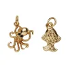 Panduro Jewellery 2 guldfärgade hängen charms, bläckfisk med svarta ögon 15,5×12 mm, fisk 10×14 mm