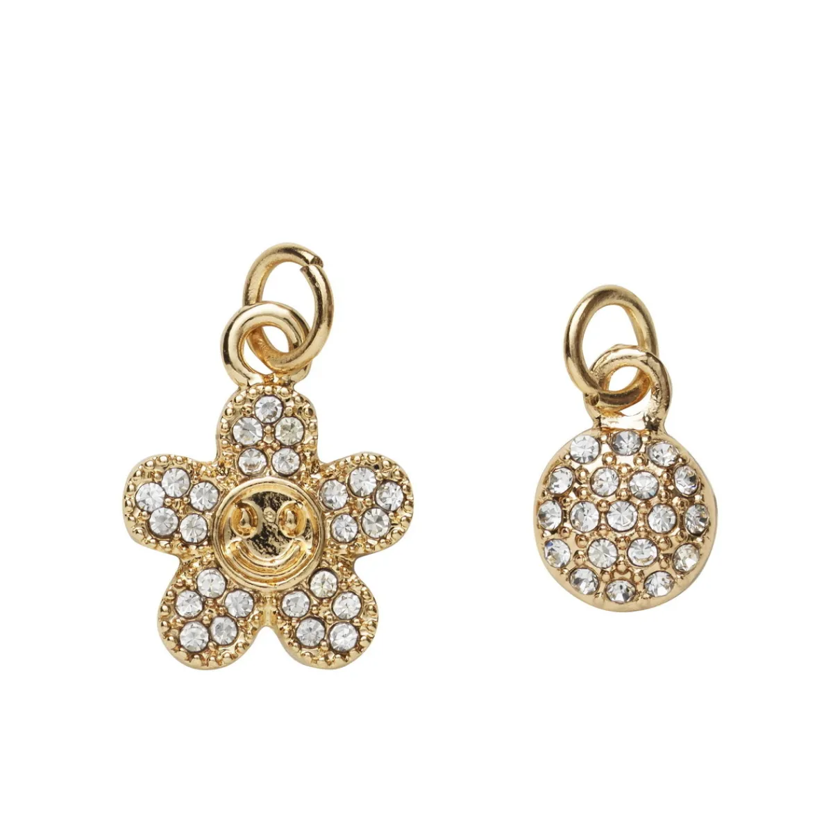 Panduro Jewellery 2 guldfärgade hängen charms, blomma med strass 12×15 mm, cirkel strass Ø8 mm | Metallhängen