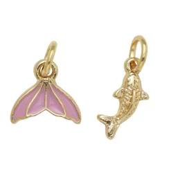 Panduro Jewellery Guldfärgade hängen charms, fisk med strass 6×12 mm, rosa sjöjungfru fena 12×8 mm | Metallhängen