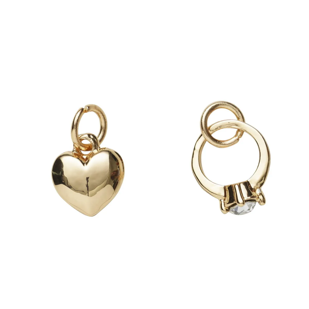 Panduro Jewellery 2 guldfärgade hängen charms, ring med strass 9×10,8 mm, hjärta Ø8 mm | Metallhängen
