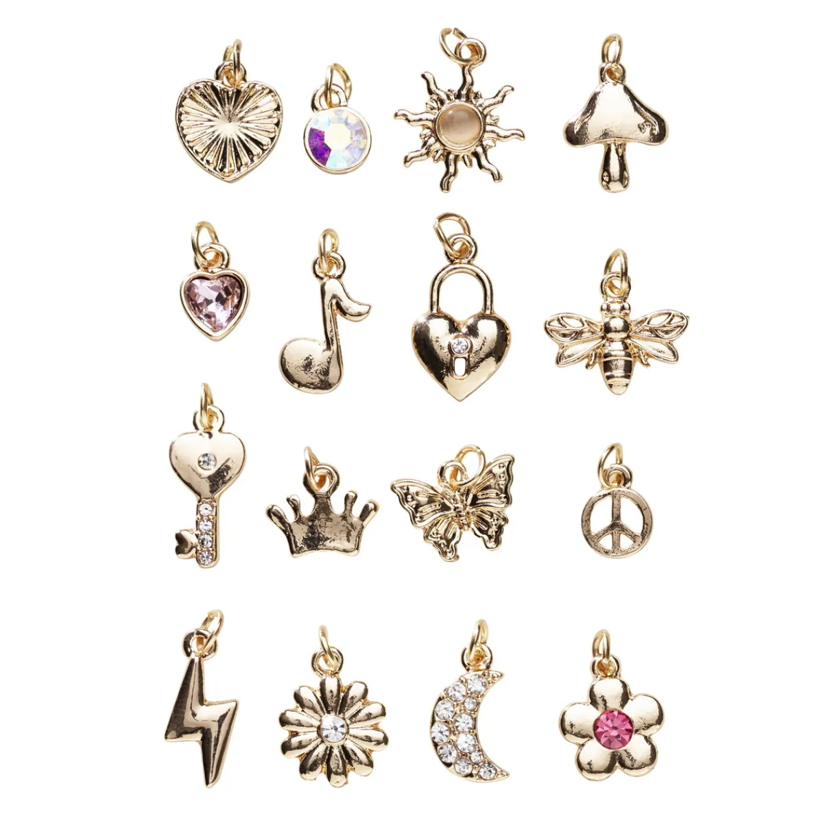 Panduro Jewellery Hängen charms i guldfärg 16 st – sol, månge, hjärta, peace-märke m.m.