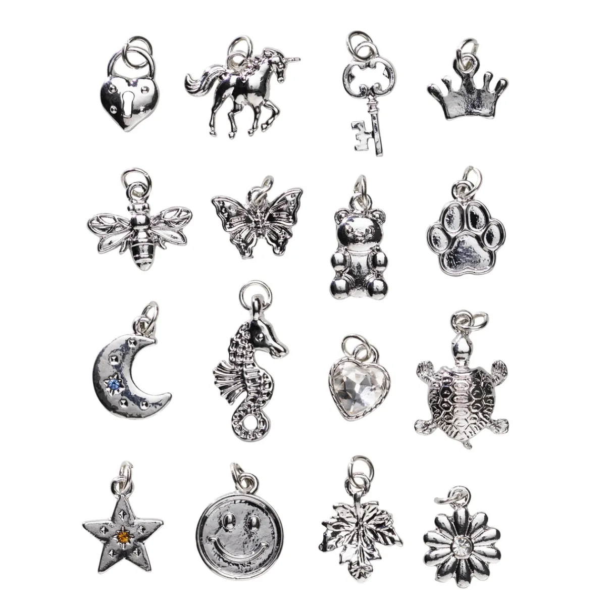 Panduro Jewellery Hängen charms i silverfärg 16 st – smiley, enhörning, hjärta m.m.
