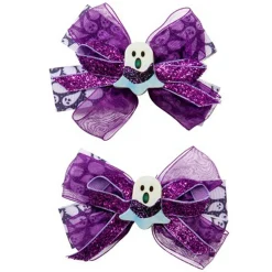 Barn Joker Hårklämmor till halloween, lila rosetter av 3 band, spök-tema, 10×5 cm – 2-pack
