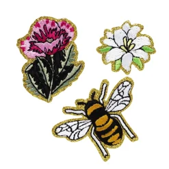 Panduro Hobby Iron-on tygmärke garden 3 st. Guldglittrande blommor & ett bi, Ø30–45 mm