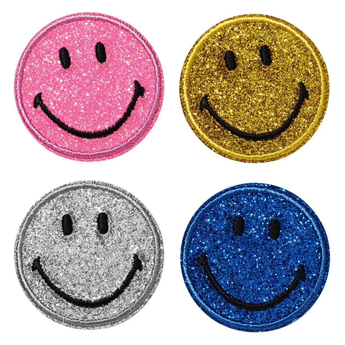 Panduro Hobby Iron-on tygmärke 4 glittande smileys i 4 olika färger Ø40 mm