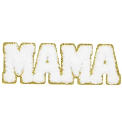Panduro Hobby Iron-on tygmärke MAMA i fluffiga frottébokstäver med glittrande guldkant! 110×40 mm