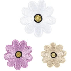 Panduro Hobby Iron-on tygmärke prästkragar 3 st. Söta glänsande blommor med guldtråd i mitten, Ø30–45 mm