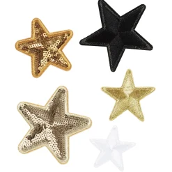 Panduro Hobby Iron-on tygmärke stjärnor 5 st. Vackra stjärnor i svart, vitt, guld och guldpaljetter! Ø28–47 mm