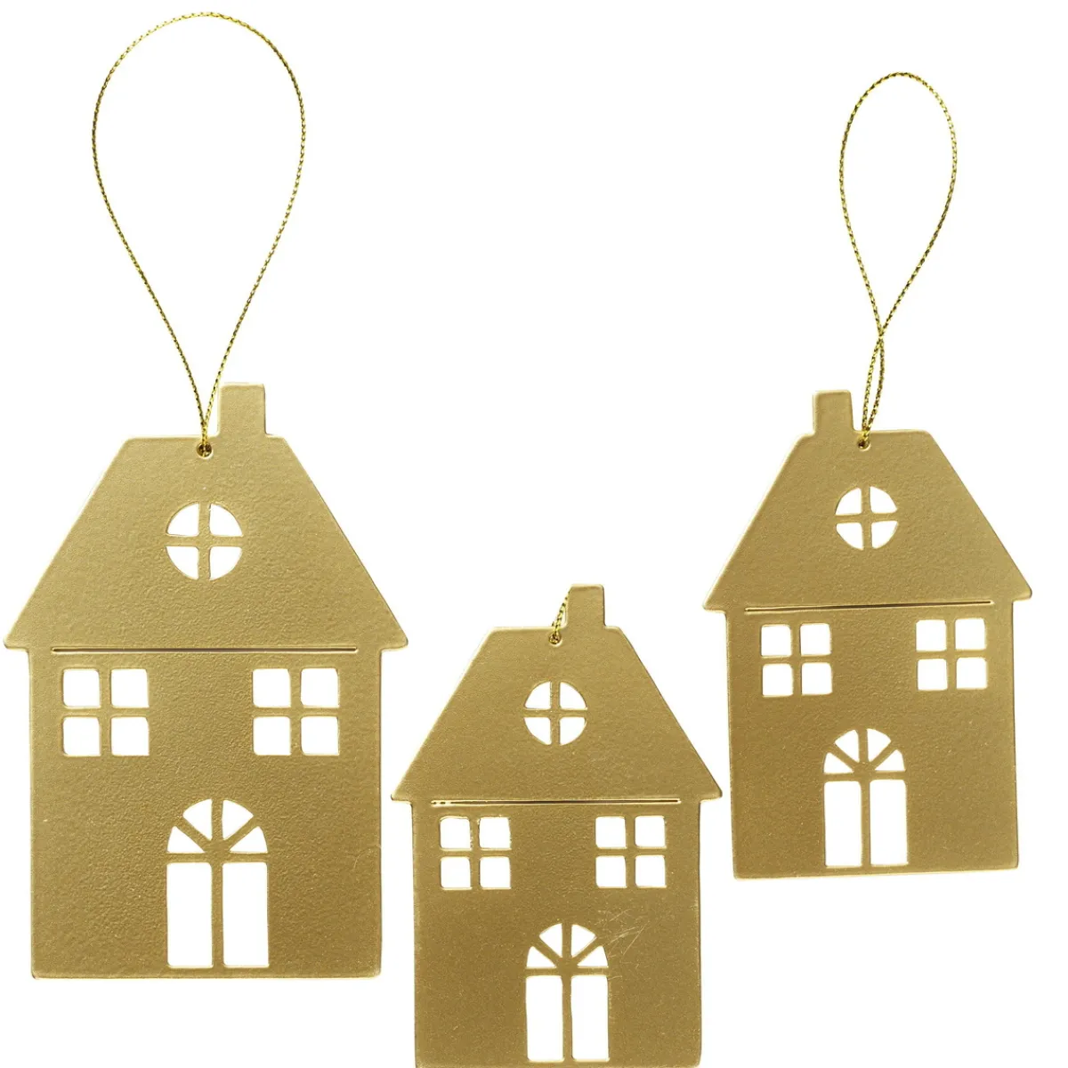 Panduro Hobby Juldekoration, 3 st. guldiga hängen av metall – 1 stort hus 7,5×11 cm, 2 hus 6×9 cm