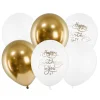 Barn PartyDeco Latexballonger 6-pack Ø30 cm – vita & guldiga med texten Happy birthday