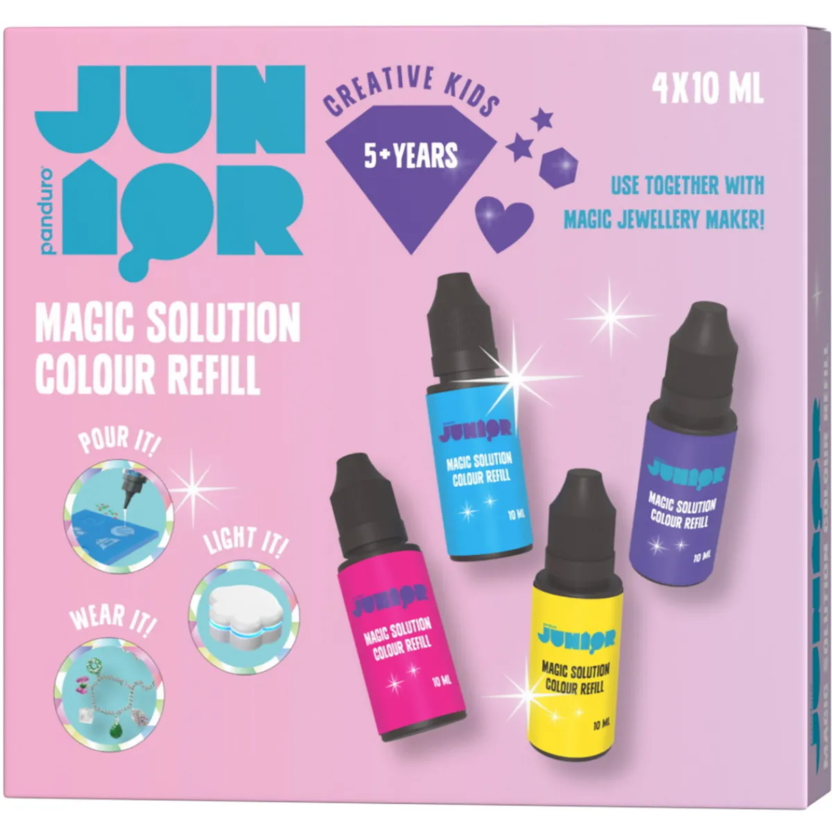 Panduro Hobby Magic jewellery maker refill gel 4×10 ml magisk gel – rosa, lila, gul, blå | Barn Diy-Kit