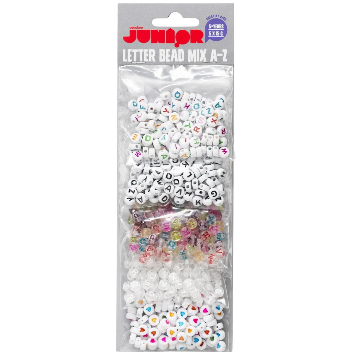 Panduro Hobby Mix av bokstavspärlor (A-Z) och pärlor med hjärtan – 5×15 gram | Barn Pärlor