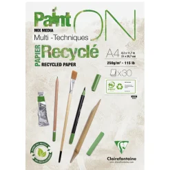 Clairefontaine Paint ON Mix Media Multi Techniques Recyclé – kraftigt A4-block / 30 ark tillverkat av återvunnet papper