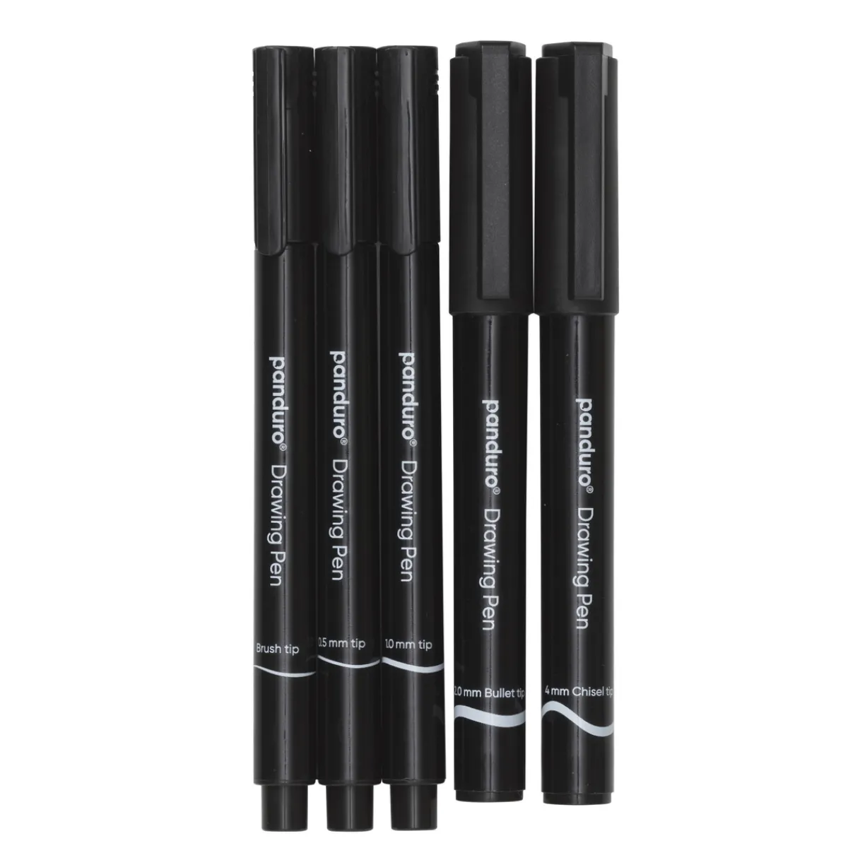 Panduro Hobby Panduro tuschpennor 0.5 mm, 1 mm, penselspets, 4 mm snedskuren spets och 1 mm rund spets, svart, 5-pack | Tuschpennor & Markers
