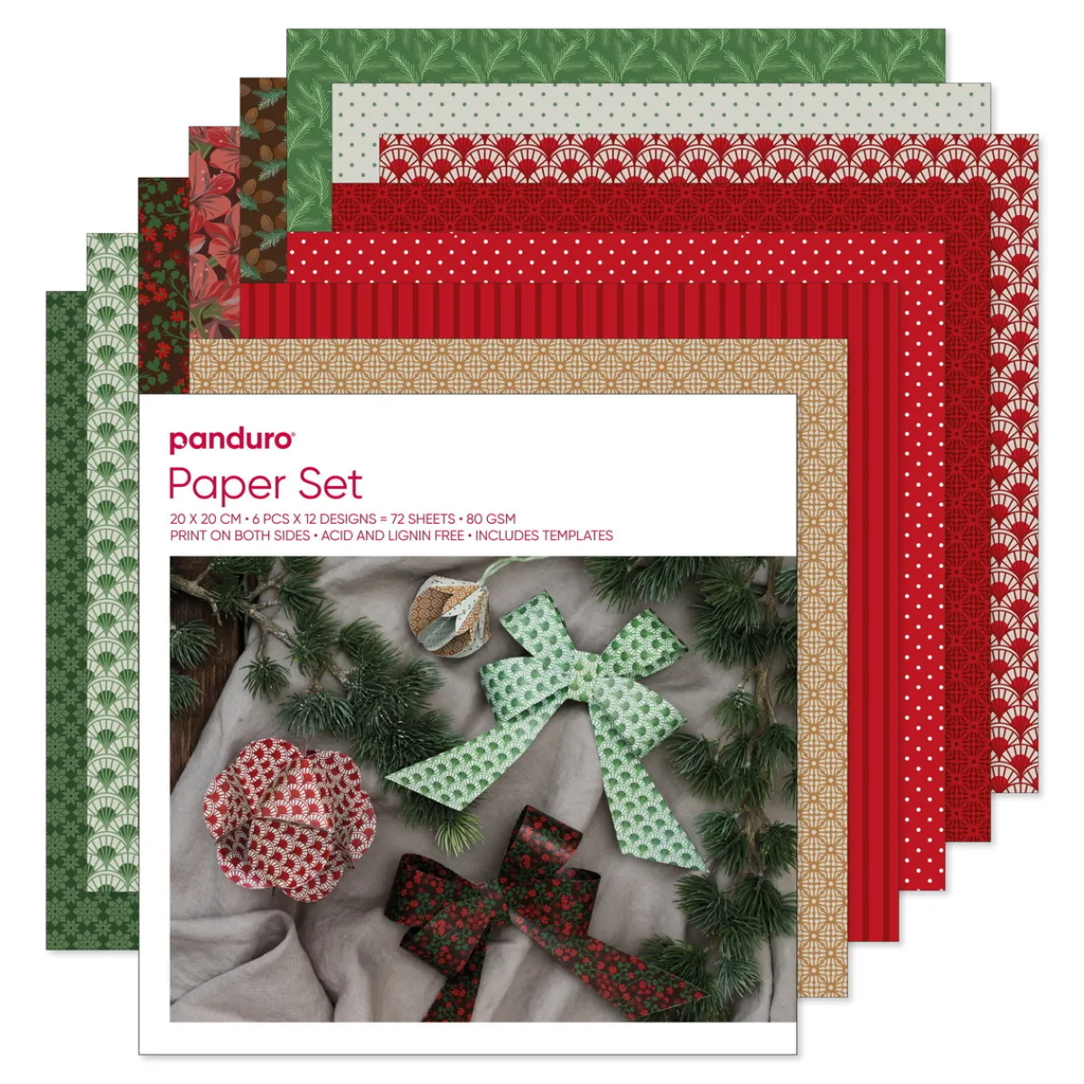 Panduro Design Pappersset julmix, 72 dubbelsidigt tryckta ark – julfärger & mönster, 20×20 cm, 80 g/m² | Papperskit