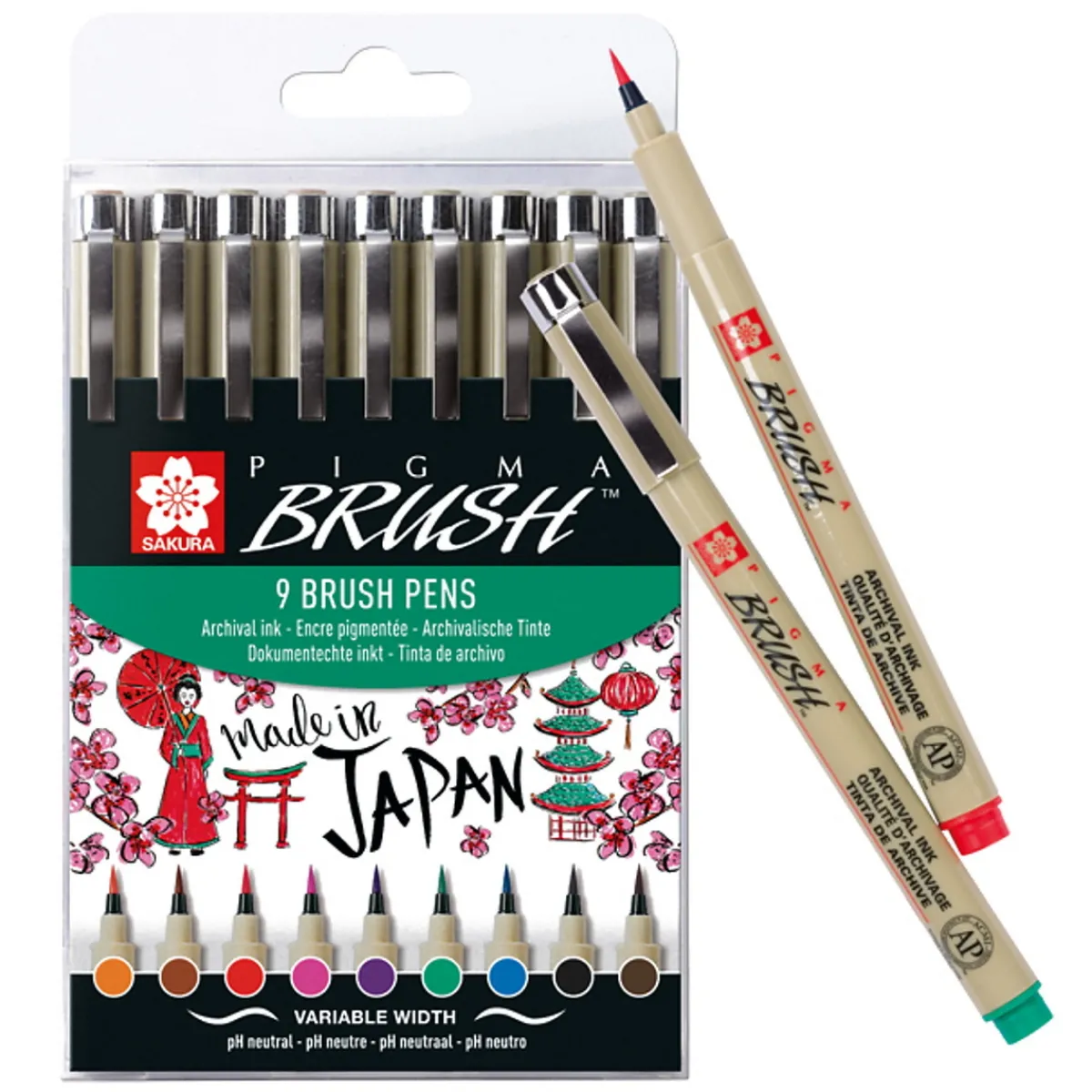 Sakura Pigma Brush Pen färgmix 9-pack | Tuschpennor & Markers