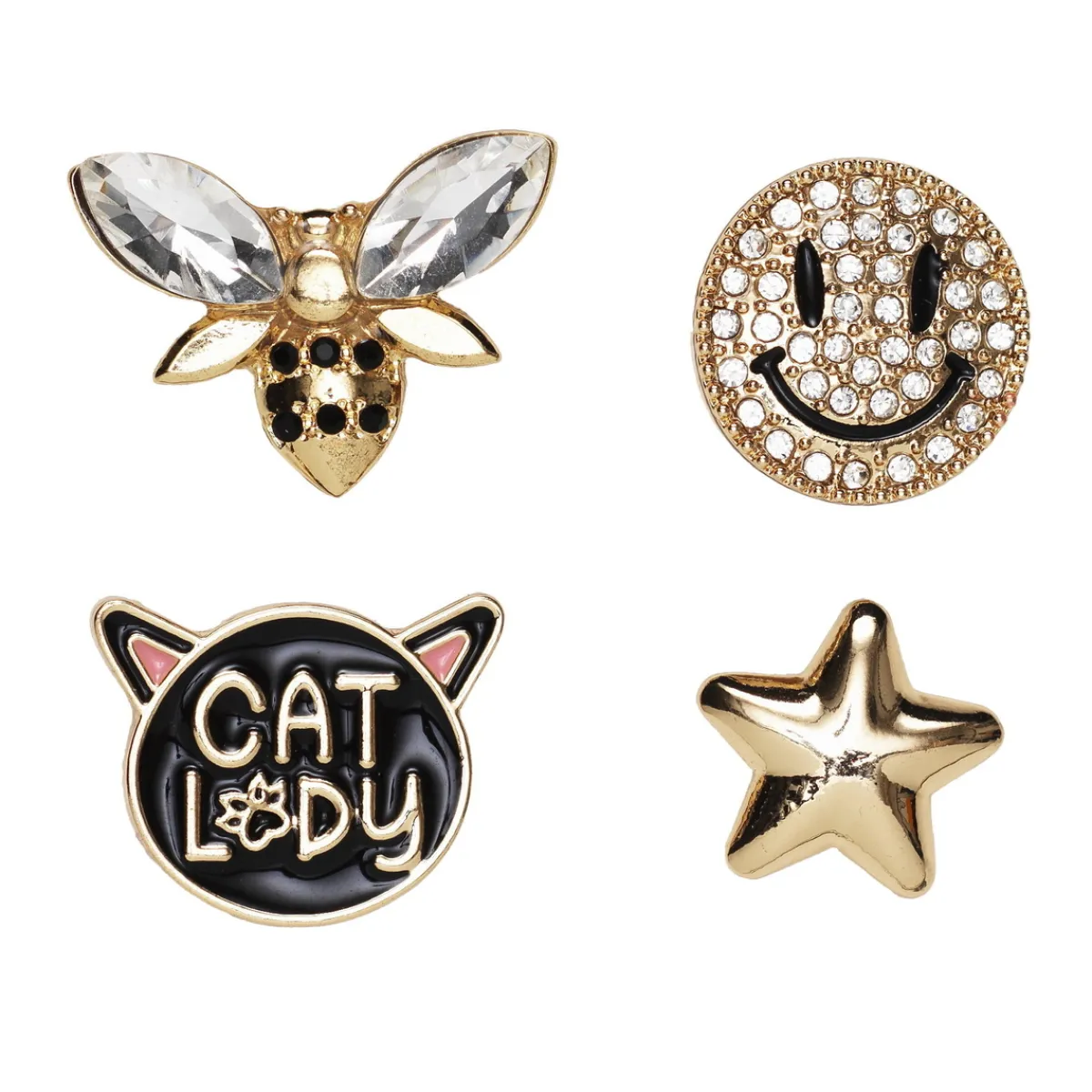 Panduro Hobby Pins, badges, 4 st. guldiga, svarta & blingiga små mini-broscher | Övrig Textildekor
