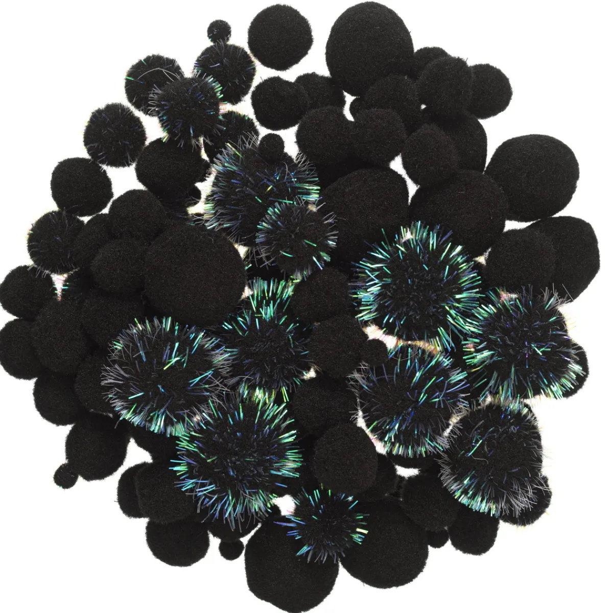 Panduro Hobby Pom Pom mix svarta & svarta med glitter! Ø8-30 mm, 150 st.