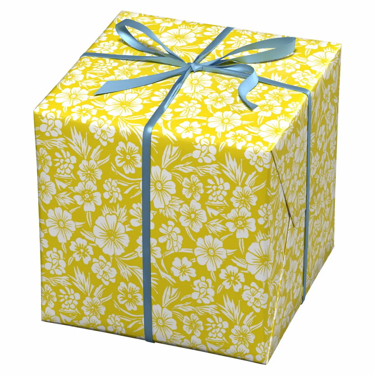 Panduro Design Presentpapper på rulle 10 m × 57 cm – gult papper med vita blomstermotiv | Present- & Julklappspapper