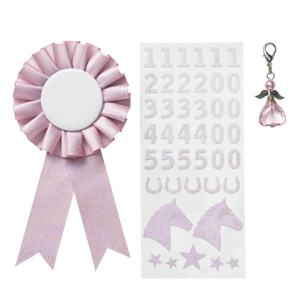 Barn Panduro Hobby Prisrosett till käpphäst Ø7 cm & stickers i rosa tema + 1 ängel-charm