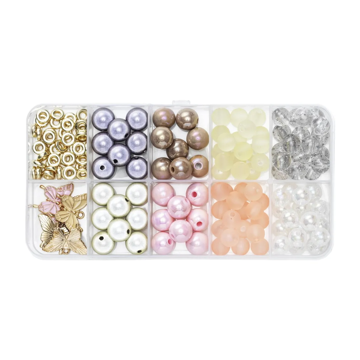 Panduro Jewellery Pärlmix med pastellfärgade runda pärlor (Ø8 / 10 mm) & 4 fjärils-charms