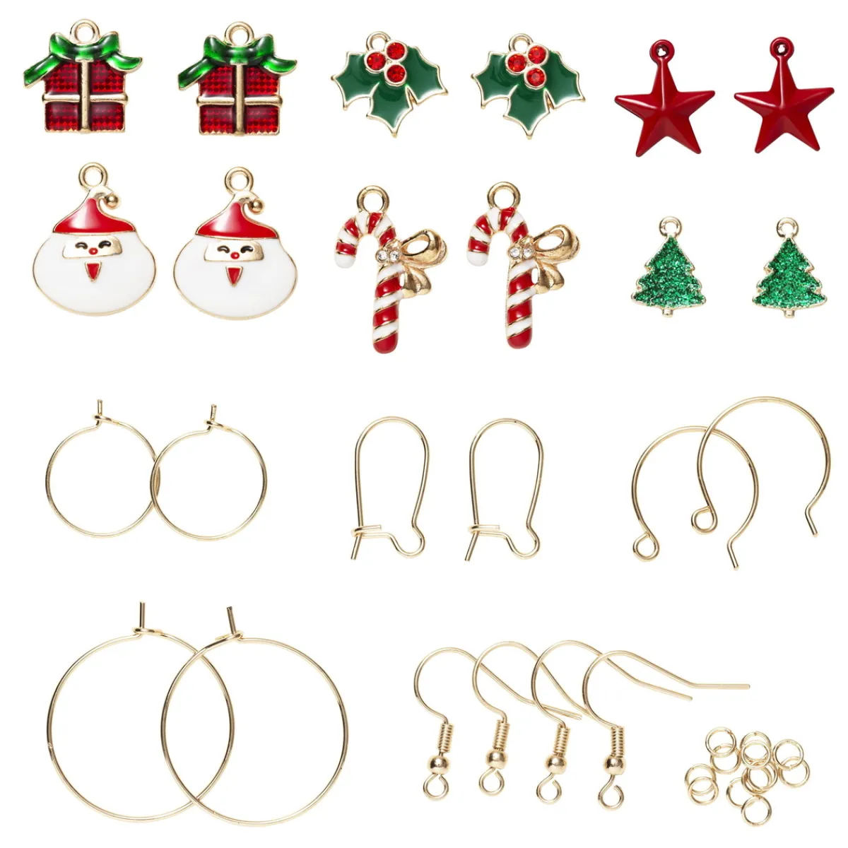 Panduro Jewellery Örhängeskit med jultema – 6 par örhängen & 12 hängen / charms i rött, grönt och guld