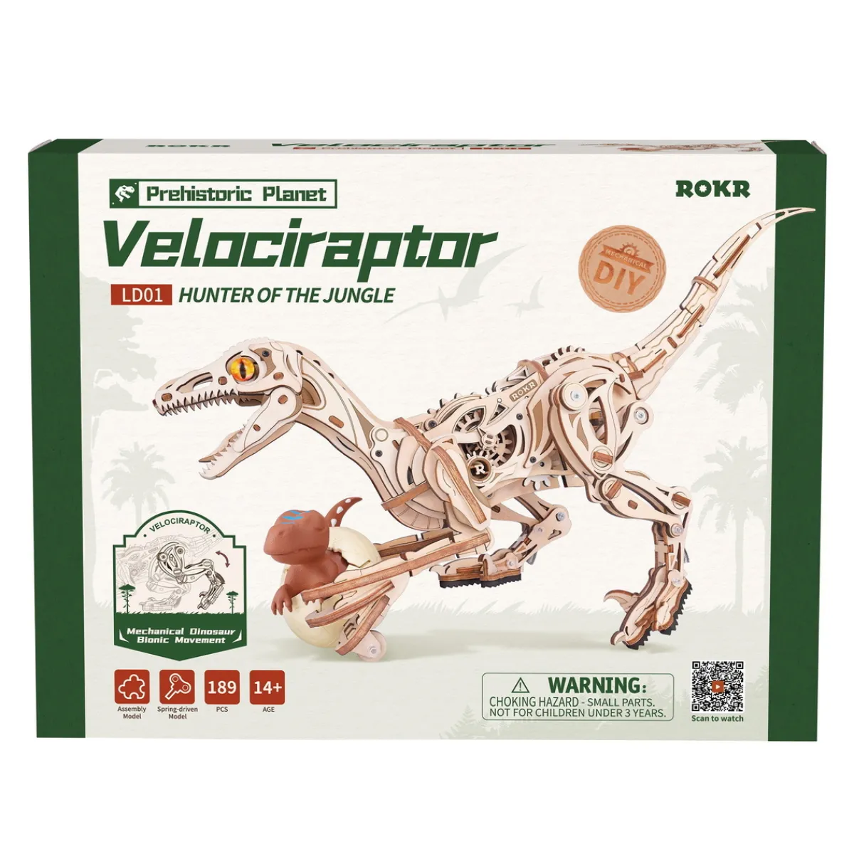 Robotime ROKR Velociraptor LD01 träpussel, dinosaurie som kan röra sig! 415×105×210 mm