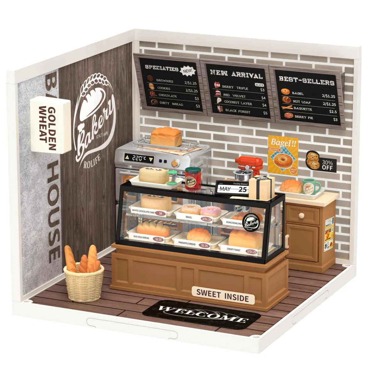 Robotime Rolife DIY Super Creator Golden Wheat Bakery miniatyr diorama – DW005B, 163×163×152 mm | Grundsatser